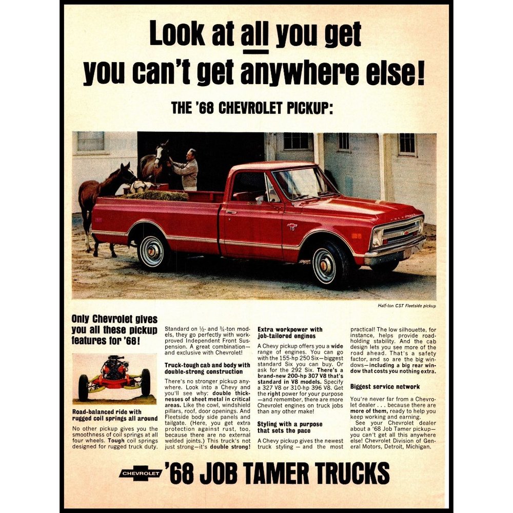 1968 Chevy Pickup Truck CST Fleetside Vintage Print Ad Horse Barn Hay Wall Art